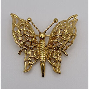 Monet Gold Tone Filigree 3D Costume Butterfly Brooch Signed Retro Whimsical Boho